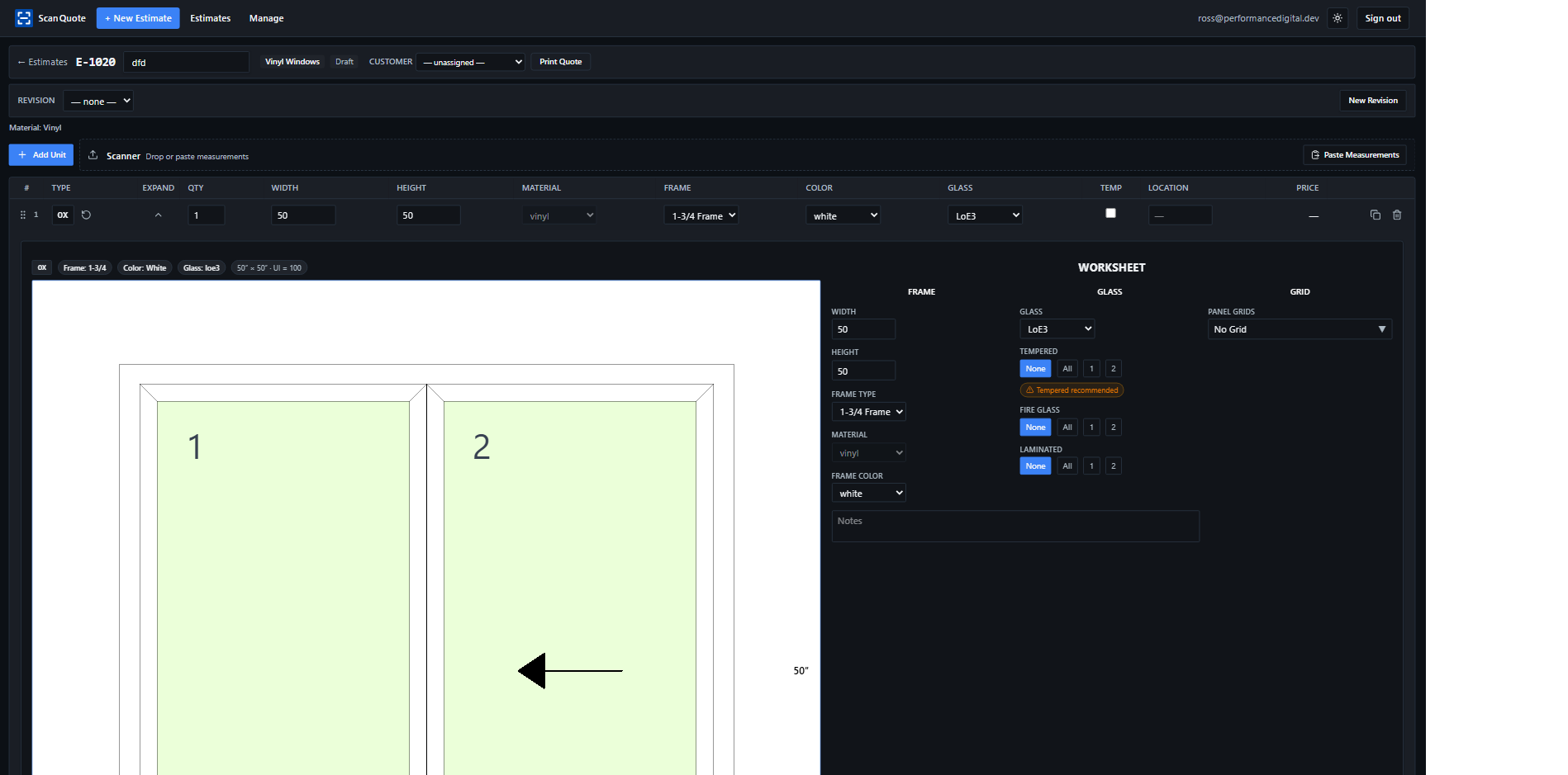 ScanQuote worksheet — live window preview, width and height, frame, glass, tempered, grid, material and color, with scanner integration